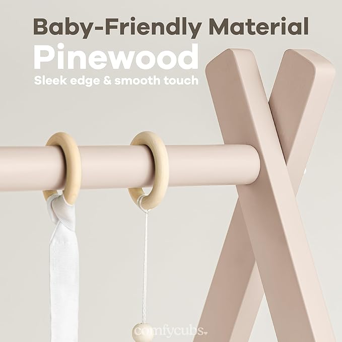 Comfy Cubs Wooden Baby Play Gym - Natural Finish Pinewood Baby Activity Gym with 5 Sensory Hanging Toys - Easy No-Tool Assembly, Safe and Durable for Infant Motor and Visual Development - Blush-CubbioJoy