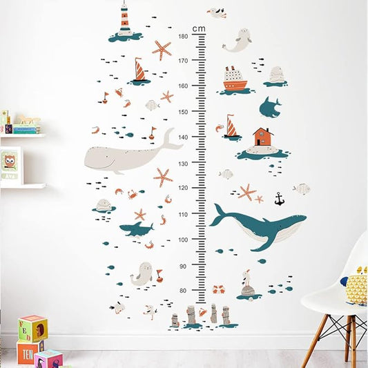 3D Cartoon Height Growth Chart for Kids Wall Decal Removable DIY Whale Ocean Animal Wall Decal Peel and Stick Sailing House Art Decor for Kids Nursery Bedroom Living Room Bathroom Decor-CubbioJoy