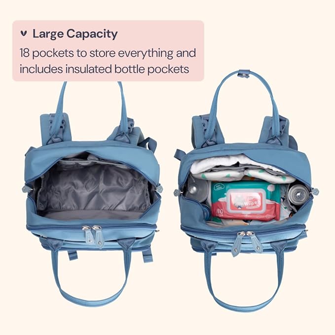 BabbleRoo Diaper Bag Backpack - Baby Essentials Travel Tote - Multi function Waterproof Diaper Bag, Travel Essentials Baby Bag with Changing Pad, Stroller Straps & Pacifier Case - Unisex, Light Blue-CubbioJoy