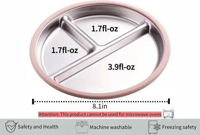 3Pack Stainless Steel Kids Plates, 8.1" Divided Toddler Plates with Removable Silicone Suction Sleeves for Baby Highchairs, Non Toxic BPA Free Non-Slip Unbreakable Snack Lunch Plate-CubbioJoy
