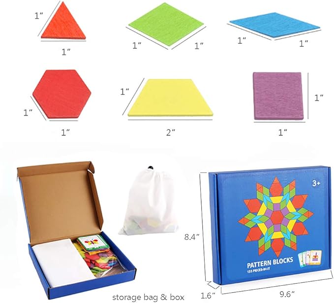 155 Pcs Wooden Pattern Blocks Set Geometric Shape Puzzle Kindergarten Classic Educational Montessori Tangram Toys for Kids Ages 4-8 with 24 Pcs Design Cards-CubbioJoy