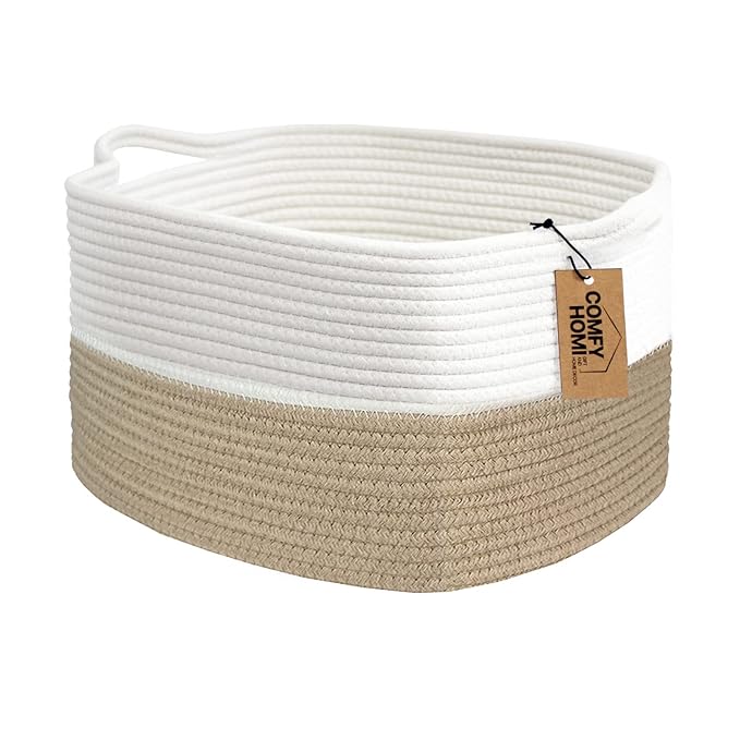 COMFY-HOMI Cotton Rope Woven Basket with Handles for Shelves,Toys,Book, Cloth Storage Baskets Bin for Organizing-13.5"x11"x9.5" Toy Decorative Organizer for Living Room, Bathroom-Light Brown-CubbioJoy