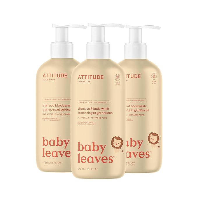 ATTITUDE 2-in-1 Shampoo and Body Wash for Baby, EWG Verified, Dermatologically Tested, Vegan, Pear Nectar, 16 Fl Oz (Pack of 3)-CubbioJoy