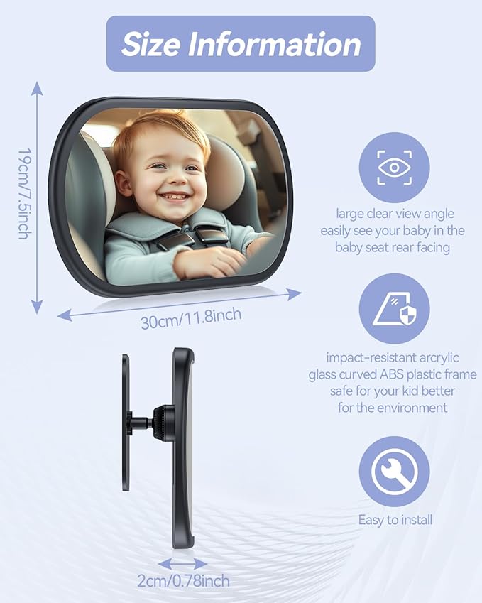 Baby Car Mirror for Backseat - Rear Facing Car Seat Mirror Safety for Infant Newborn - Easily Observe the Baby Move,Clear Wide View,360°Rotation, Secure, Shatterproof - Black-CubbioJoy