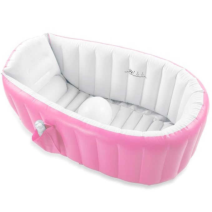 Inflatable Baby Bathtub, Portable Infant Toddler Bathing Tub Non Slip Travel Bathtub Mini Air Swimming Pool Kids Thick Foldable Shower Basin with Air Pump, Pink-CubbioJoy