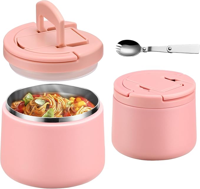 14oz Insulated Vacuum Food Jar with Buckle Lid,Soup Thermo for Hot Food Kids,Wide Mouth Leakproof Stainless Steel Lunch Container with Spoon-Pink-CubbioJoy