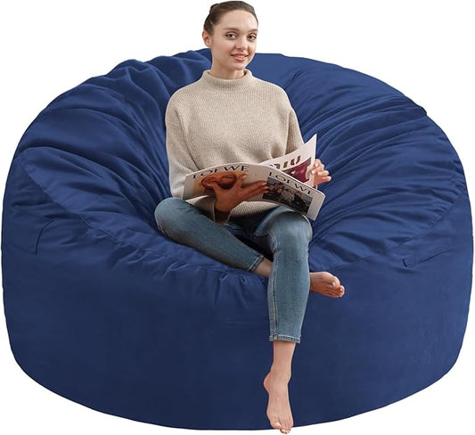 5FT Bean Bag Chair, Large Bean Bag Chairs with Memory Foam Filled, Fluffy Beanbag Sofa with Dutch Velvet Cover, Round BeanBag Chairs for Living Room, Playroom - Blue-CubbioJoy