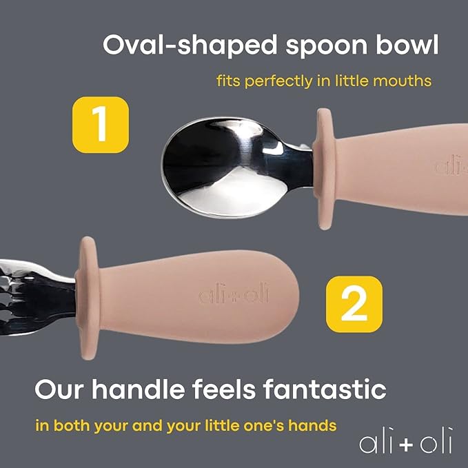 Ali+Oli Spoon & Fork Learning Set for Toddlers (Powder Pink) 6m+ Grab Easy BPA Free Food-Grade Silicone Handle, Kids Silverware Self Feeding Baby Utensil, Multi-stage Baby Feeding Set Ergonomic Design-CubbioJoy