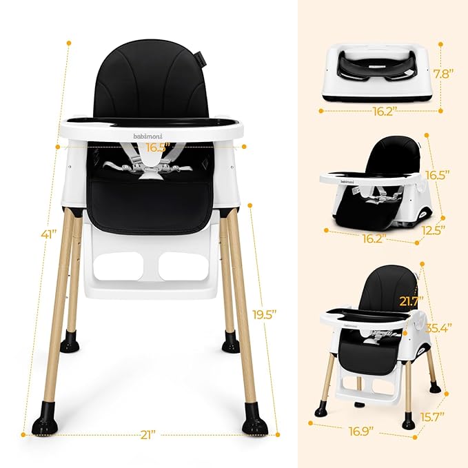 3 in 1 High Chairs, Convertible High Chair for Babies and Toddlers, High Chair with Foot Rest and Double Tray, Compact and Versatile, for Growing Kids, Black-CubbioJoy