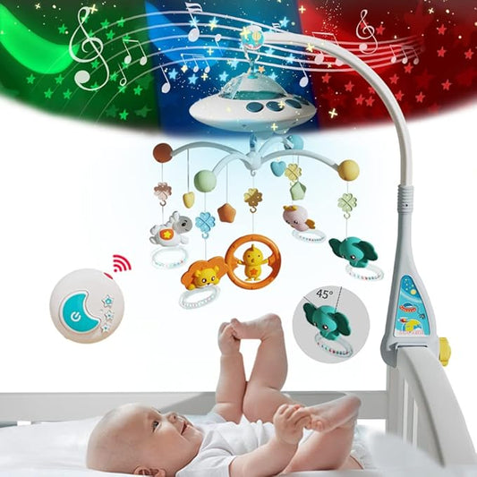 Baby Musical Crib Mobile with Night Lights and Relaxing Music,Hanging Rotating Animals Rattles,Stars Projection,Remote Control,for Boy Girl Newborn Baby Toys（Blue）-CubbioJoy