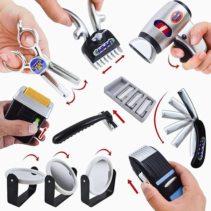 24 Pcs Barber Shop Pretend Play Toy - My First Shaving and Grooming Haircut Kit Toddler Role Play Set with Styling Accessories & Storage Box for Kids, Boys-CubbioJoy