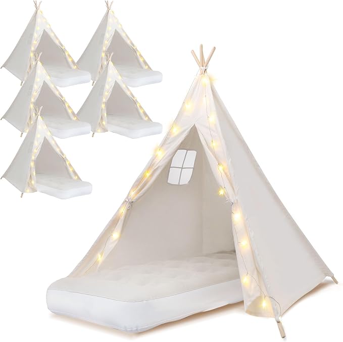 6 Pack Teepee Tent for Kids [Thickened] with Light String and Inflatable Airbed, Slumber Party Tents, Sleepover Tents Party for Girls Boys Indoor Outdoor (White)-CubbioJoy