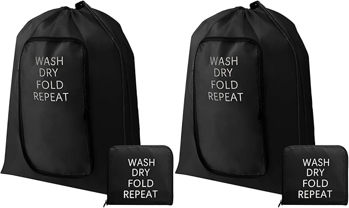 2 Pcs Travel Laundry Bag Washable Dirty Clothes Bag with Drawstring and Zipper for Suitcase, 22 x 18 Inch (Black,Classic)-CubbioJoy