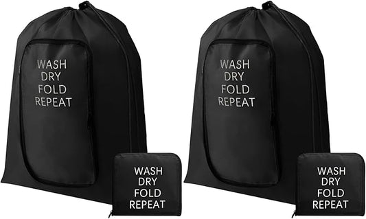 2 Pcs Travel Laundry Bag Washable Dirty Clothes Bag with Drawstring and Zipper for Suitcase, 22 x 18 Inch (Black,Classic)-CubbioJoy