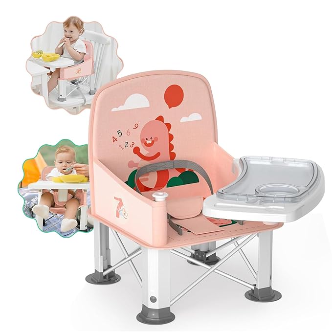 Baby Travel Booster Seat with Double Tray, BabyBond Upgraded Toddler Portable Baby Chair, Booster Seat for Dining Table, Stable and Foldable Booster Baby Chair for Indoor/Outdoor (Pink Dinosaur)-CubbioJoy