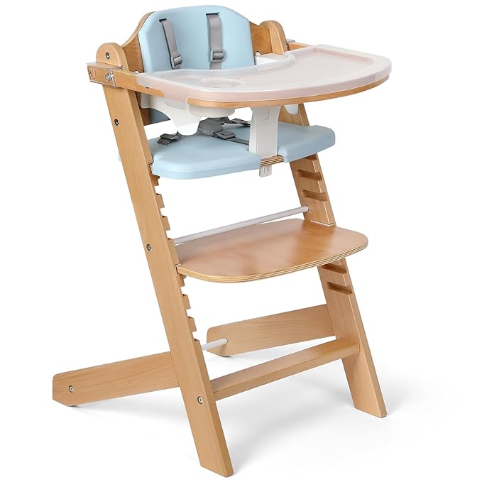 Cowiewie Natural Wooden High Chair for Babies & Toddlers 3-Tier Remove & Adjustable Tray, 8 Adjustable Highchair with Cushions, Portable (Blue)-CubbioJoy