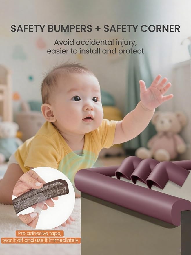Baby Proof Edge Corner Protector, 16.4FT 0.47''Th L-Shape Furniture Corner & Edge Safety Bumpers with 10 Corners, Pre-Taped, Soft NBR Rubber Foam Desk Edge Cushion Wall Corner Protector (Brown)-CubbioJoy