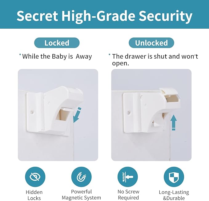 Adhesive Magnetic Cabinet Locks Baby Proofing for Cabinets & Drawers (30 Locks and 4 Keys)-CubbioJoy