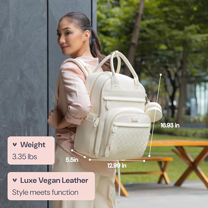BabbleRoo Leather Diaper Bag Backpack - Baby Essentials Travel Baby Bag, Multi function, Waterproof, with Changing Pad, Stroller Straps & Pacifier Case – Unisex, Eggshell White-CubbioJoy