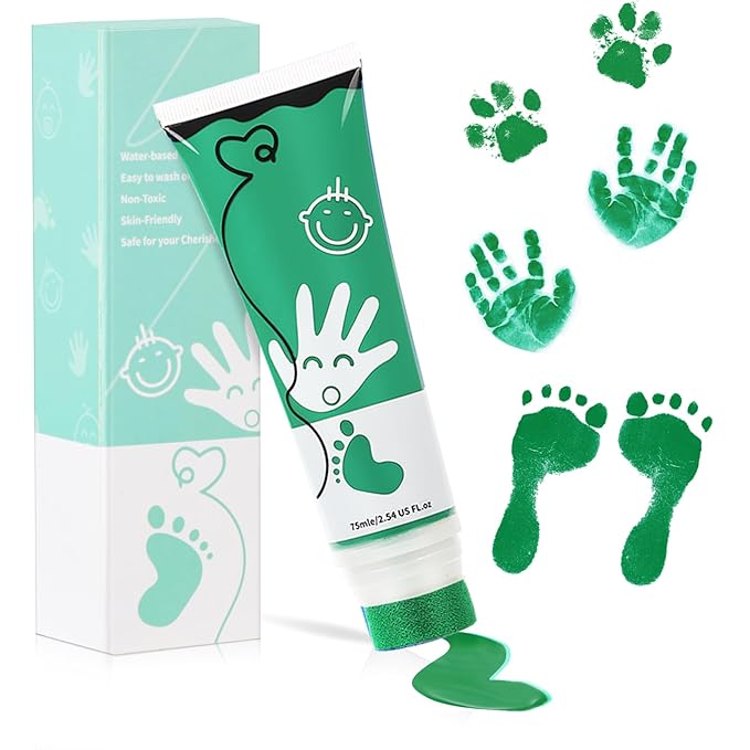 75ml Green Baby Hand and Footprint Ink Kit, Baby Handprint Footprint Paint for Newborn Keepsake, Dog Cat Paw Print Kit, Washable, Non Toxic Acid-Free, Safe Gentle for Ideal New Mom Gifts-CubbioJoy