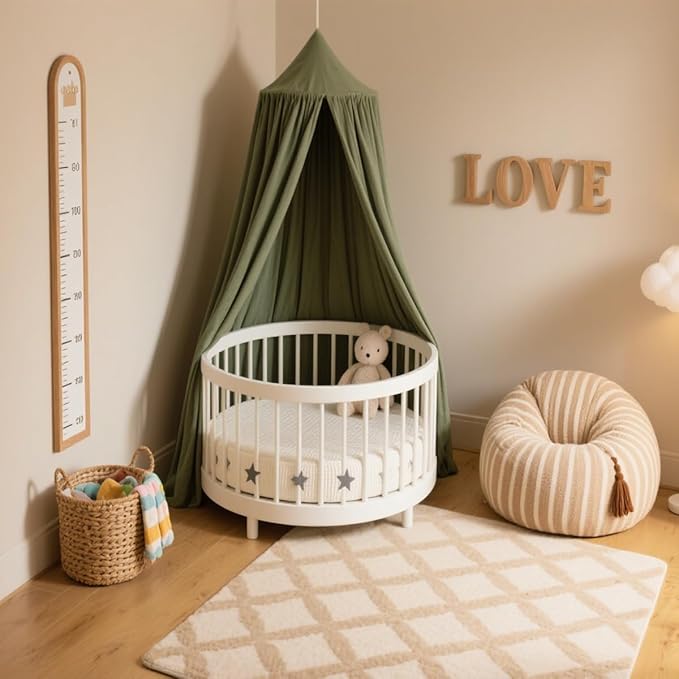 Cotton Kids Bed Canopy, Nursery Room Baby Crib Hanging Curtain Mosquito Net Hideaway Bedding Children Reading Nook Decoration, Pastel Neutral Color for Boys & Girls (Small Green)-CubbioJoy