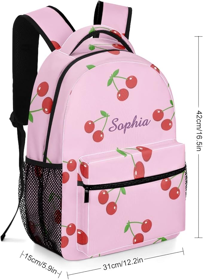 Cherry on Pink Custom Kids Backpack 16.5 Inch for Boy Girl, Personalized Waterproof Child School Travel Bag with Name-CubbioJoy