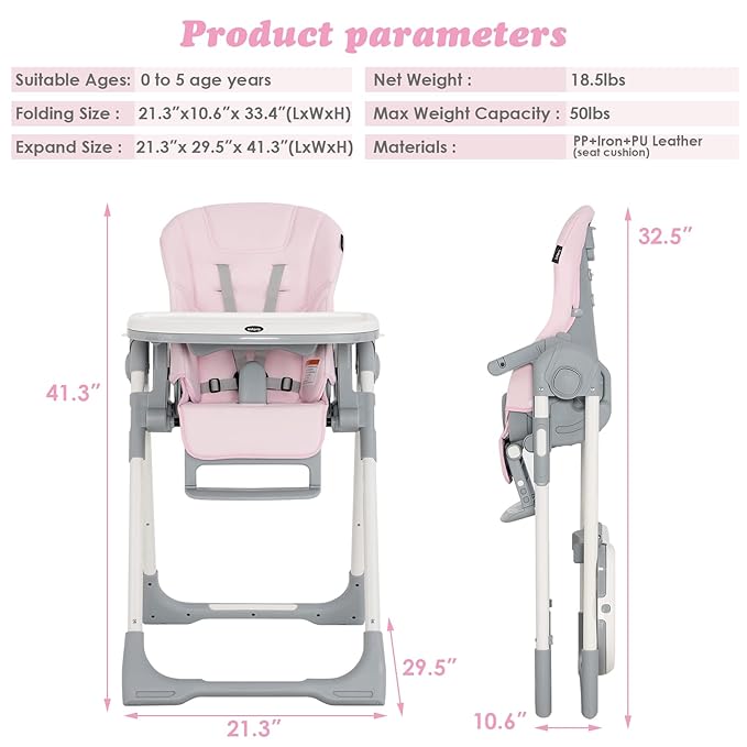 INFANS High Chair for Babies & Toddlers, Foldable Highchair with Multiple Adjustable Backrest, Footrest and Seat Height, Removable Tray, Detachable PU Leather Cushion, Built-in Rear Wheels (Pink)-CubbioJoy