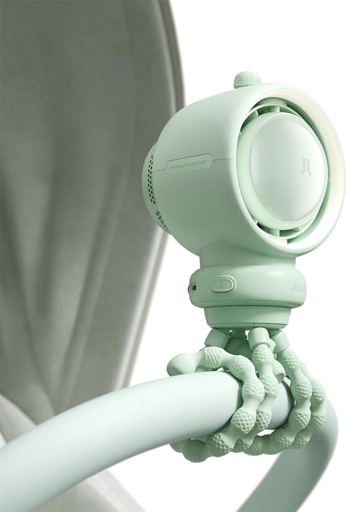 JISULIFE Stroller Fan Baby Large, Safe Bladeless for Crib, Desk, Portable Battery Rechargeable Cooling Fan with Air Turbo Tech, LED Display, Night Light, Food-Grade Gift for Mom/Dad/Friend - Green-CubbioJoy