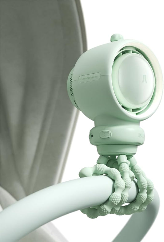 JISULIFE Stroller Fan Baby Large, Safe Bladeless for Crib, Desk, Portable Battery Rechargeable Cooling Fan with Air Turbo Tech, LED Display, Night Light, Food-Grade Gift for Mom/Dad/Friend - Green-CubbioJoy
