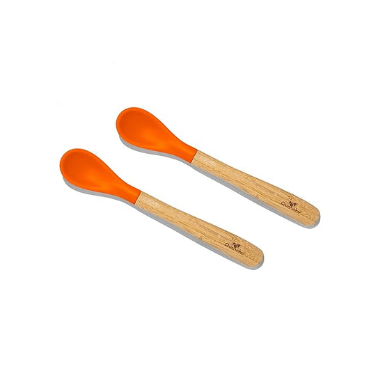 Avanchy Bamboo & Silicone Infant Training Spoons, BPA Free - Soft Tip, Easy on Gums, First Stage Feeding Utensils for Baby-Led Weaning, Self-Feeding, Orange-CubbioJoy