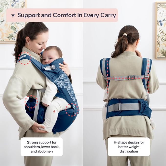 BabbleRoo Grow Carrier – Safety-Certified 6-in-1 Baby Carrier with Hip Seat, Ergonomic & Adjustable Toddler Carrier 7-50 lbs with Hip Support, Hood for Sun Protection, Newborn to Toddler, Denim Leaves-CubbioJoy