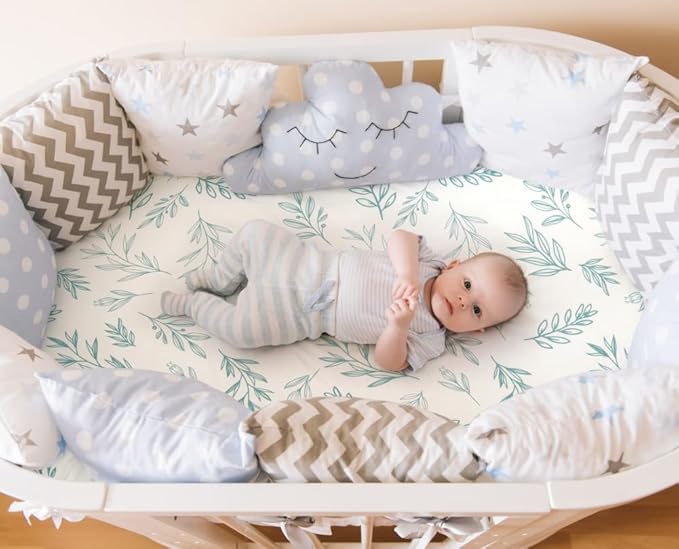 4 Pack Sage Green Fitted Nursery Sheets Breathable Neutral Unisex Baby Sheets for Boys or Girls with Leaf and Flower Design (Bassinet)-CubbioJoy