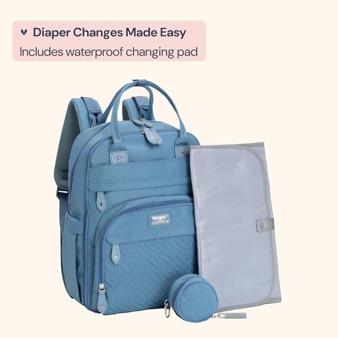 BabbleRoo Diaper Bag Backpack - Baby Essentials Travel Tote - Multi function Waterproof Diaper Bag, Travel Essentials Baby Bag with Changing Pad, Stroller Straps & Pacifier Case - Unisex, Light Blue-CubbioJoy