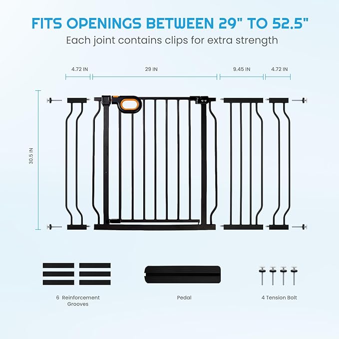 Baby Gate for Stairs 29-52 Inch Wide, Safety Gate for Baby Adjustable Pet Gate with Door Pressure Mounted Gates for Kids Toddler Dogs Extension Kit Indoor Stairway Doorway Black (30.5'' Tall)-CubbioJoy