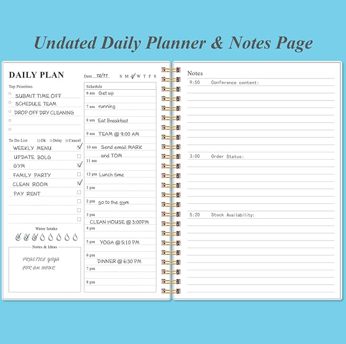 Daily Planner Undated - A5 To Do List Notebook Hourly Schedules, Spiral Appointment Planner for Women and Men, PVC Hardcover, Inner Pocket, Elastic Closure, 5.8" x 8.3", Blue Watercolor-CubbioJoy