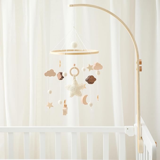 Baby Crib Mobile with Arm Boho Star Moon Nursery Mobile Set Wooden Baby Mobile Holder for Hanging Nursery Decor Ceiling Mobile-CubbioJoy
