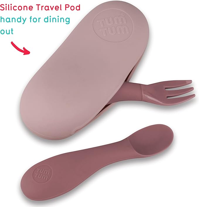 Baby Cutlery with Case - Baby Spoon & Fork Set, Self Feeding Cutlery, Silicone, 6+ Months, Pink-CubbioJoy