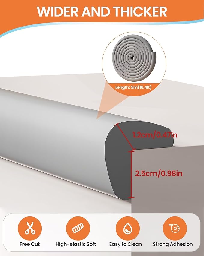 Baby Proof Edge Corner Protector, 16.4FT 0.47''Th L-Shape Furniture Corner & Edge Safety Bumpers with 10 Corners, Pre-Taped, Soft NBR Rubber Foam Desk Edge Cushion Wall Corner Protector (Grey)-CubbioJoy