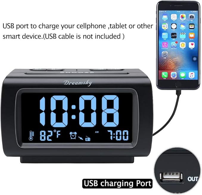 DreamSky Alarm Clock Radios for Bedrooms with Battery Backup, Large Big Numbers with Brightness Dimmer, USB Port, Bedside Digital FM Radio with Sleep Timer, Temperature, Adjustable Volume, Snooze-CubbioJoy