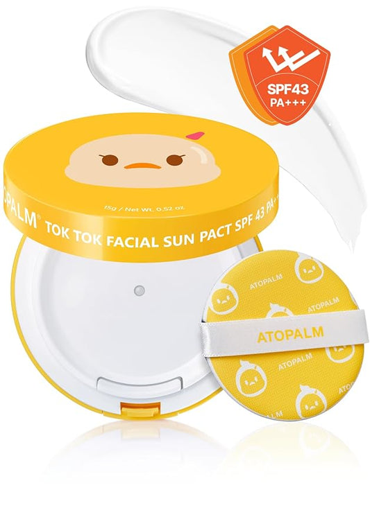 ATOPALM | Tok Tok Facial Sun Pact | Sun Cushion SPF43 PA+++ | Sunscreen Korean | For Dry and Sensitive Skin | Outdoor Sunscreen Compact | Moisturizing Spf Cushion Mineral Cream | Korean Skincare | 15g-CubbioJoy