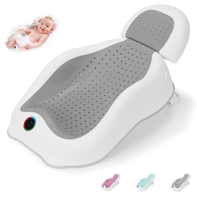 Baby Bath Support,Ideal for Babies Less Than 6 Months Old,with Thermometer-Adjustable Slope Newborn Bathtub, Baby tubs for Baby tubs for Newborn Essentials Must Haves (Gray)-CubbioJoy