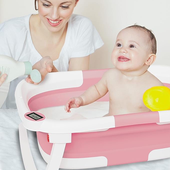 Collapsible Baby Bathtub,Baby Bath Tub with Soft Cushion & Thermometer,Baby Bathtub Newborn to Toddler 0-36 Months,Portable Travel Baby Tub-CubbioJoy