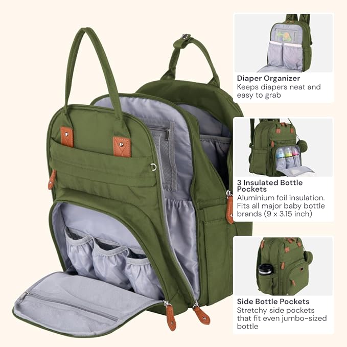 BabbleRoo Extra Large Diaper Bag Backpack, Expandable Baby Bag with Up to 50% More Capacity - Travel Essentials Baby Bag Tote with Changing Pad, Stroller Straps & Pacifier Case - Unisex, Forest Green-CubbioJoy