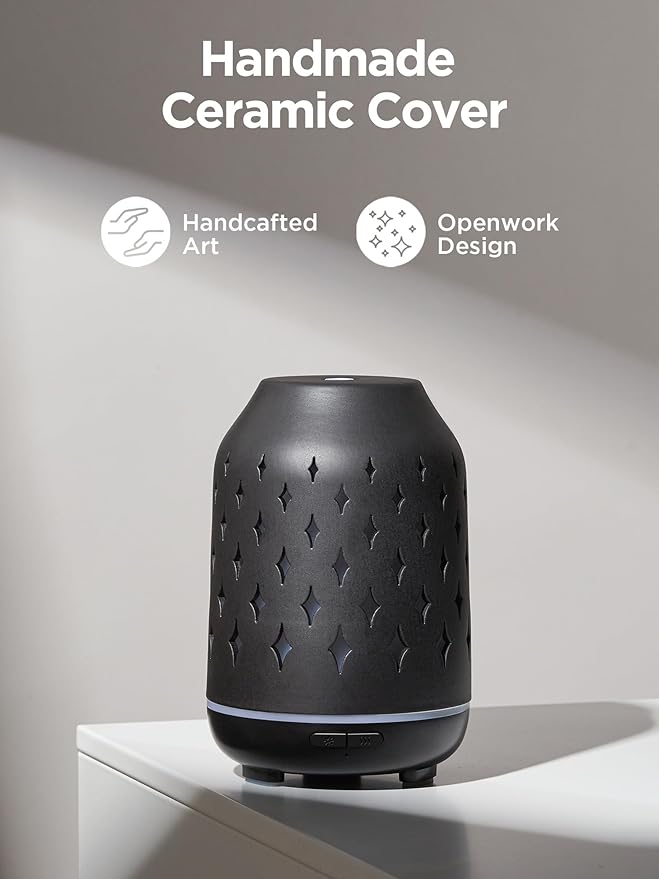 InnoGear Aromatherapy Diffuser, 150ml Ceramic Diffuser Ultrasonic Humidifier Cool Mist Essential Oil Diffusers for Home Air Diffuser with 2 Mist Modes Waterless Auto Off, Black-CubbioJoy