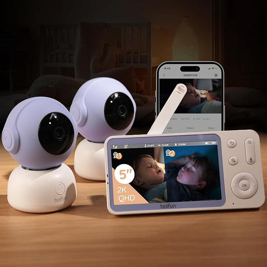 BOIFUN 2K Split-Screen 5 Inch Wi-Fi Baby Monitor with 2 360° Cameras, AI Motion & Sound & Humidity & Temp Detection, Auto Tracking Via Smartphone App and Monitor Control, Infrared Night Vision-CubbioJoy