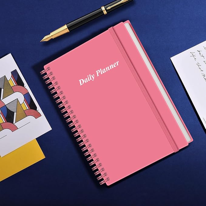 Daily Planner Undated - A5 To Do List Notebook Hourly Schedules, Spiral Appointment Planner for Women and Men, PVC Hardcover, Inner Pocket, Elastic Closure, 5.8" x 8.3", Pink-CubbioJoy