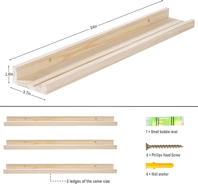 AZSKY Natural Wood Wall Mounted Shelves 24 Inch Floating Wall Book Shelf Floating Ledge Storage Rustic Shelves Photo Picture Ledge for Home Decor a Set of 3-CubbioJoy