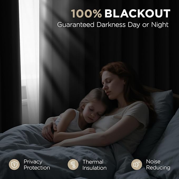 Joydeco Blackout Curtains for Bedroom, Black Out Curtains 108 Inch Long, Room Darkening Noise Reducing Wrinkle-Free Drapes, Black Curtains with Rod Pocket Back Tab 2 Panels (W52 x L108 Inch)-CubbioJoy