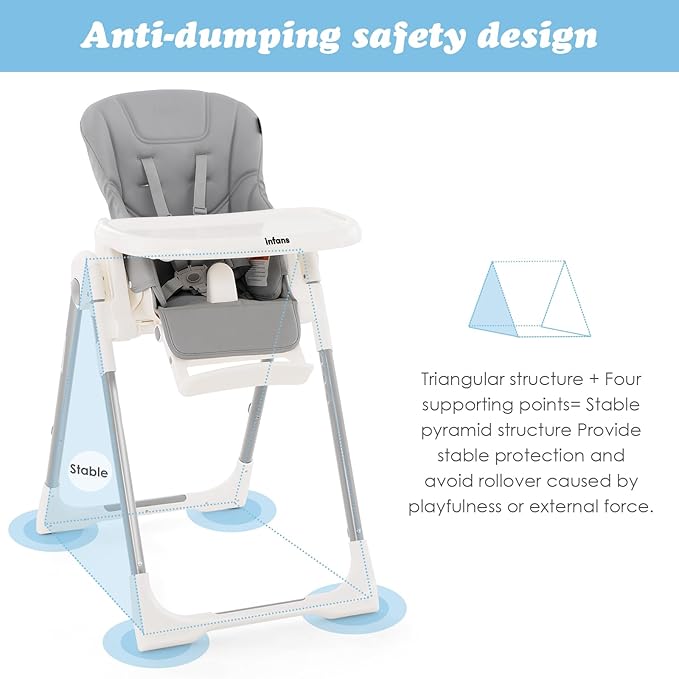 INFANS High Chair for Babies & Toddlers, Foldable Highchair with Multiple Adjustable Backrest Footrest Seat Height, Removable Tray, Detachable PU Leather Cushion, Built-in Rear Wheels (Light Grey)-CubbioJoy
