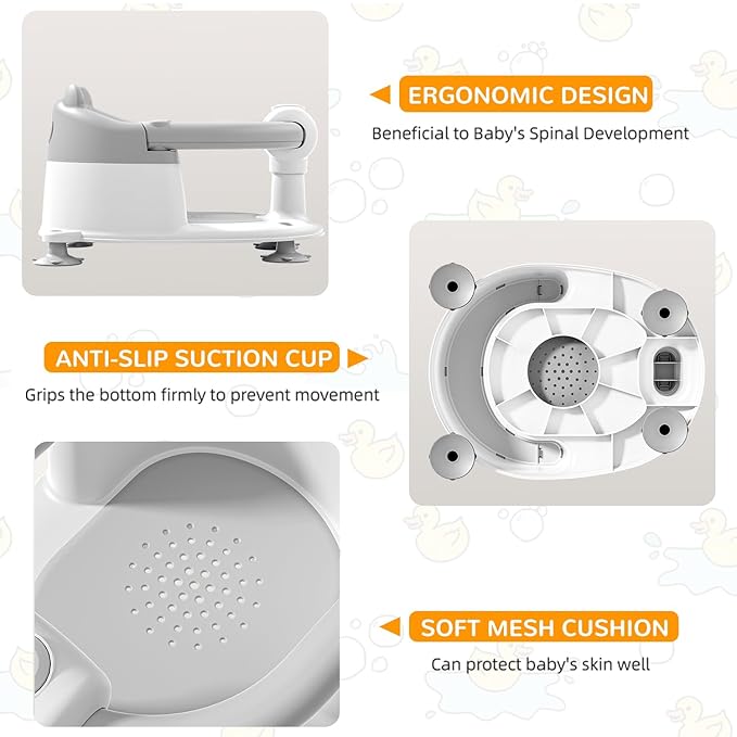 Baby Bath Seat for Babies 6 Months & up, Non-Slip Toddler Bath Seats for Babies Sitting Up, Safe Infant & Newborn Bathtub Chair with 4 Suction Cups & Soft Cushion for Shower,Gray-CubbioJoy